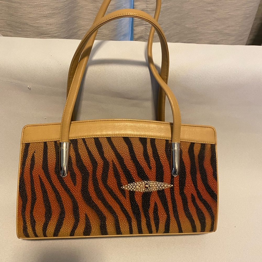Rota genuine, stingray, Elegant Tan and Black Animal Print Handbag 11x6x2 - Picture 8 of 10